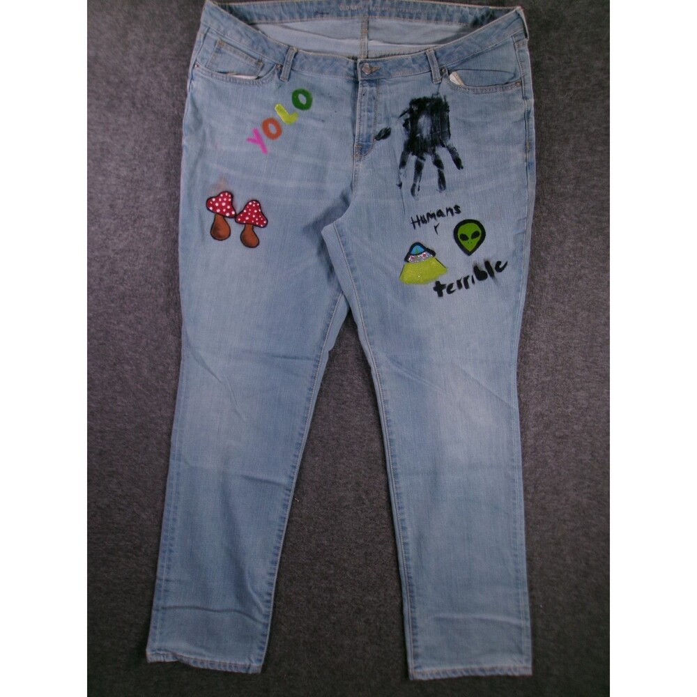 Old Navy Jeans Womens 18 Blue Boyfriend Straight Light Wash Paint Hippy Y2K